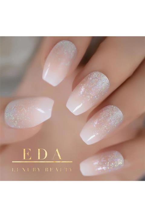 EDA LUXURY BEAUTY Natürel Pembe Beyaz Simli French Takma Tırnak Lüks Desenli Doğal Uzun Kare Ballerina Nail Art Set