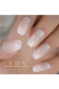 EDA LUXURY BEAUTY Natürel Pembe Beyaz Simli French Takma Tırnak Lüks Desenli Doğal Uzun Kare Ballerina Nail Art Set