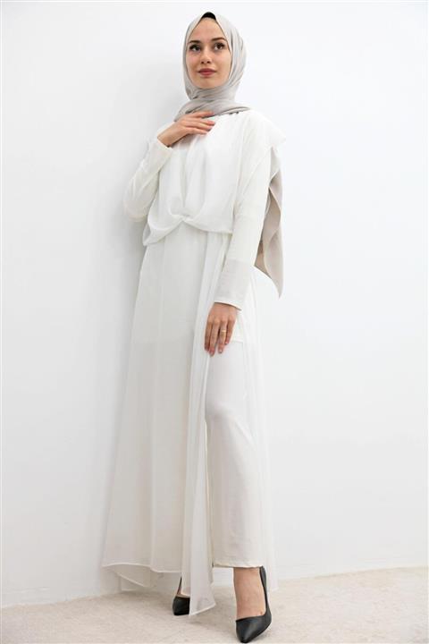 Giza Giyim Çapraz Tül Detay Tulum Beyaz