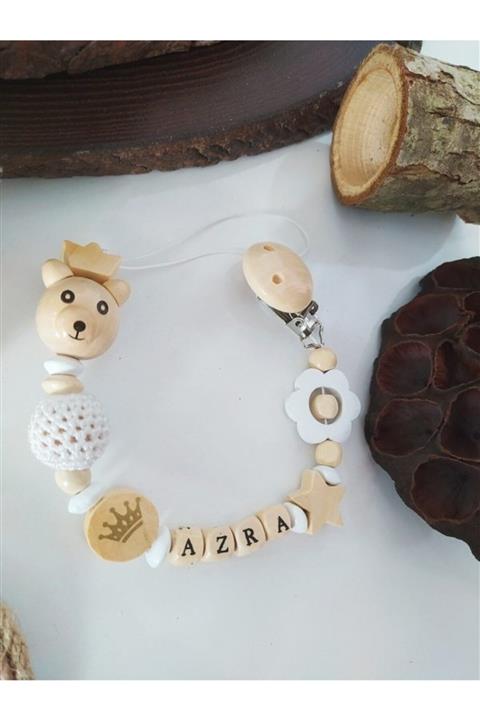Beyaz Gelincik Tasarım Azra Ayıcıklı Beyaz Ahşap Renk Isimli Bebek Emzik Zinciri