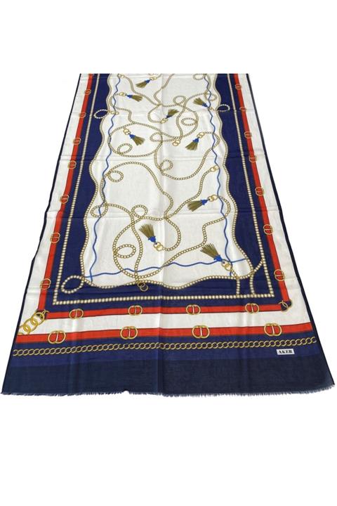Aker Yaz Serinliği Ipek-pamuk Şal-lacivert-kırmızı-gold 75x200 Cm