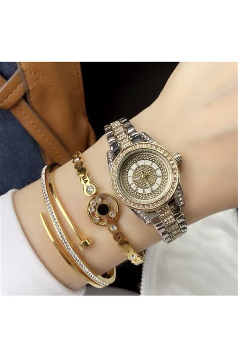 Güncel Vitrin Rodyum Kaplama (kararmaz ) Zirkon Taşlı Kadın Saat