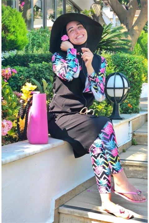 Remsa Mayo Tasarım Tam Kapalı Remsa Tesettür Mayo Ananas Siyah