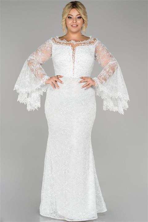 Abiyefon Kadın Ekru Uzun Ispanyol Kol Güpürlü Büyük Beden Balık Abiye