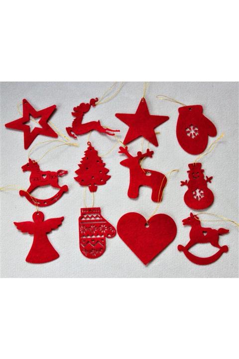 Minitasarimatolyem 12'li Kırmızı Keçe Yılbaşı Ağacı Süsü