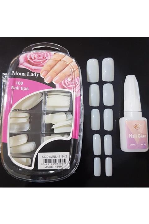 Mona Lady Takma Tırnak Krem Renk Boyanabilir Set Küt Uzun 100 Adet + Yapıştırıcı