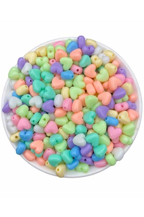 Hedef Bijuteri 25gr 10mm Pastel Karışık Renkli Plastik Kalp Model Boncuk ,takı Yapım Boncuğu (25gr, 60 Adet)