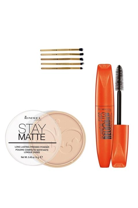 RIMMEL LONDON Lasting 001 -pudra & Scandaleyes Reloaded Maskara-001 Siyah & 5 Li Fırça Hediyeli