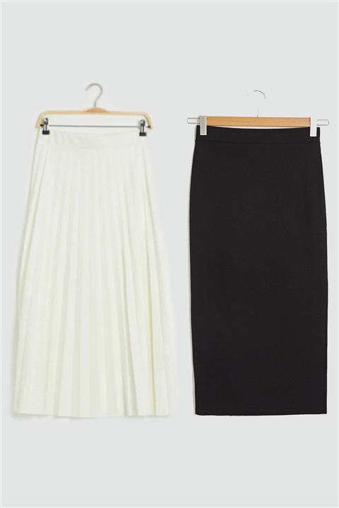 Essah Moda Kadın Siyah Kalem - Beyaz Piliseli Uzun Etek