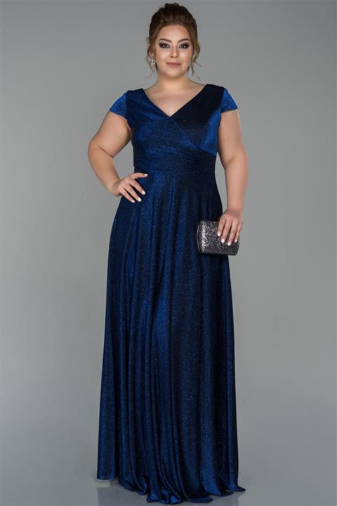 Abiyefon Saks Mavi Uzun V Yaka Simli Büyük Beden Abiye Elbise Abu1622
