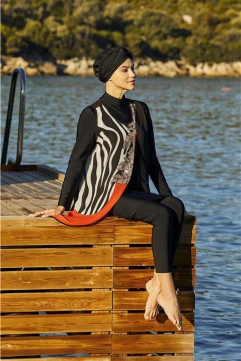 Adasea Kadın Siyah  4237 Pareolu Dijital Desen Lycralı Tasarım Tesettür Mayo