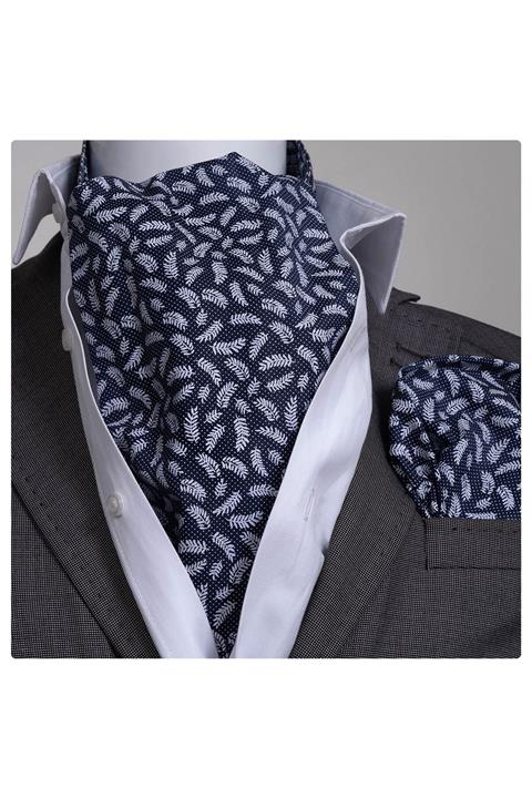 Exve Exclusive Lacivert Beyaz Yaprak Desenli Erkek Fular Mendil Seti
