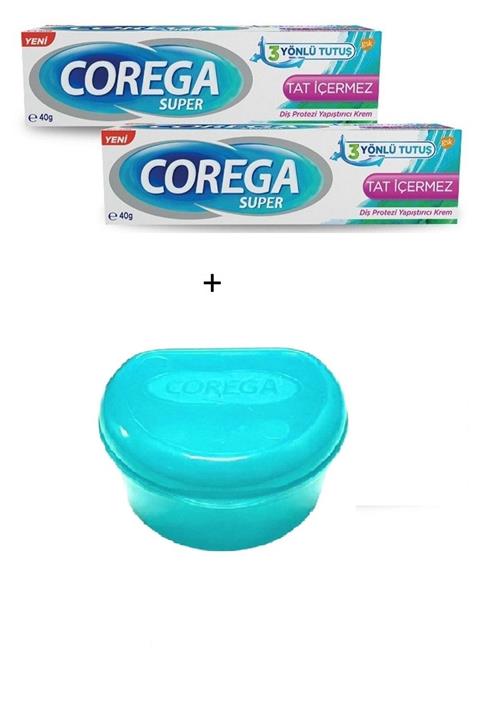 Corega Süper 3 Yönlü Tutuş Diş Protez Yapıştırıcı Krem Tat Içermez 40 gr 2 Adet + Protez Saklama Kabı