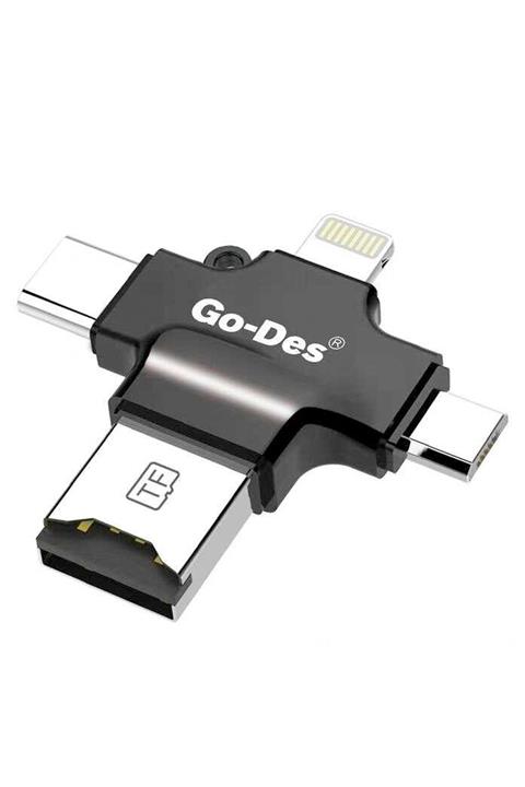 GoDes Honor 7a Uyumlu Otg Hafıza Kart Okuyucu Type-c & Lightining & Micro Usb + Popsocket