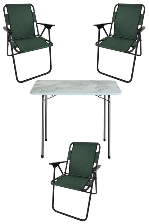 Bofigo 60x80 Efes Desenli Katlanır Masa + 3 Adet Katlanır Sandalye Kamp Seti Bahçe Takımı Yeşil