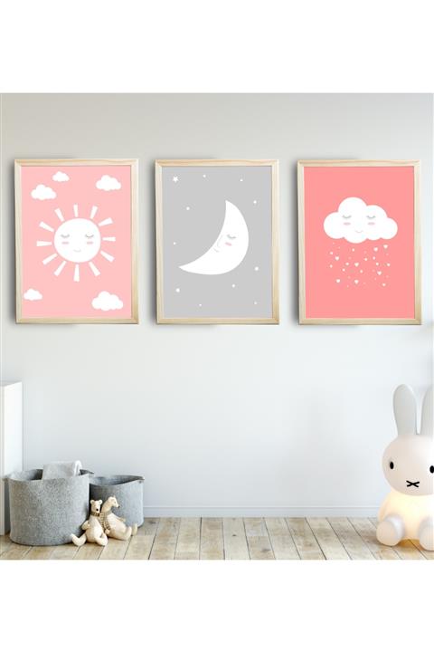 SUNNYFUNNYKIDS Bebek Çocuk Odası Tablo Güneş Yıldız Bulut 3'lü Naturel Renk Doğal Ahşap Çerçeveli Set 30x40 Cm