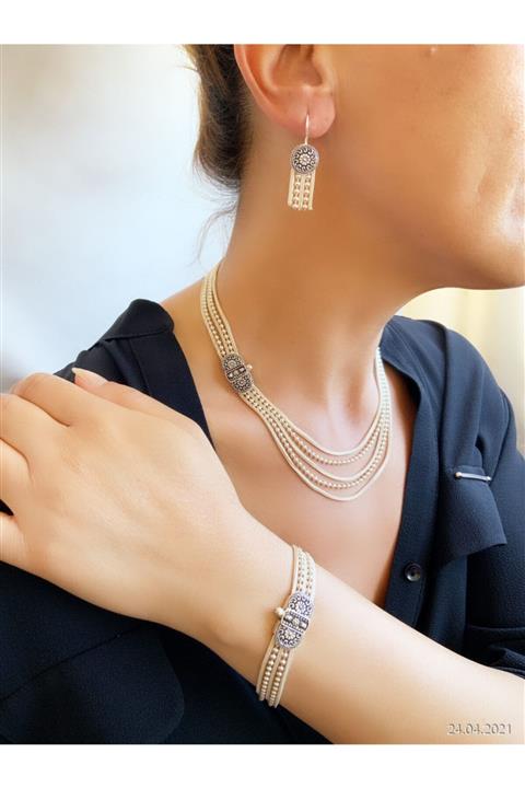 Midyat Gümüş Midyat Hasırı Beş Sıra Tasarım Set 925 Ayar Gümüş