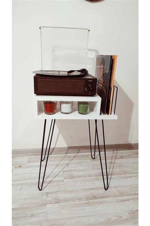 RMDSHOP Beyaz Plak ve Pikap Sehpası Metal Ayaklı