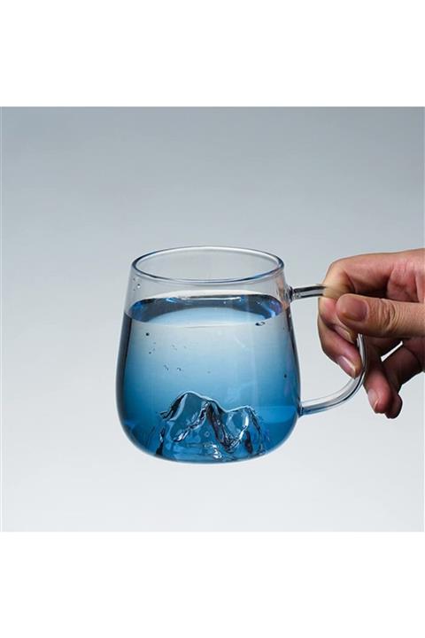 EARABUL Buz Dağı Iç Tabanlı Mavi Renk Borosilikat Cam Kupa Bardak (1 Adet 300 Ml)