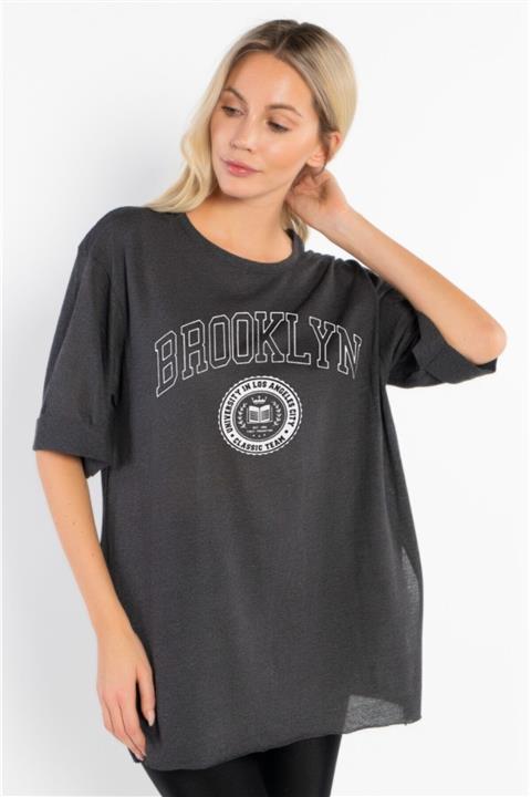 MODASSA Kadın Antrasit Bisiklet Yaka Baskılı Yırtmaçlı Oversize T-shirt
