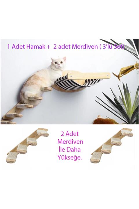 BUSHOP Duvara Monte Ahşap Bezli Kedi Hamağı + 2 Adet Doğal Ahşap Kedi Merdiveni - 3'lü Set - Kampa