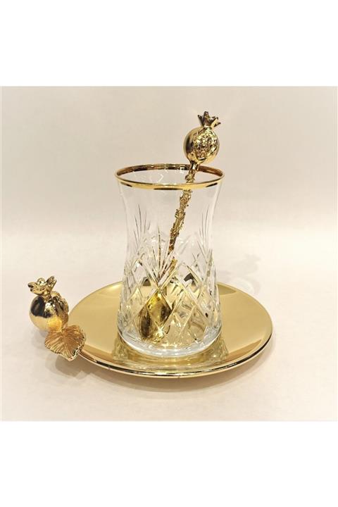 RAVİ Gold Narlı Dekoratif Cam Çay Seti-kaşık Takım