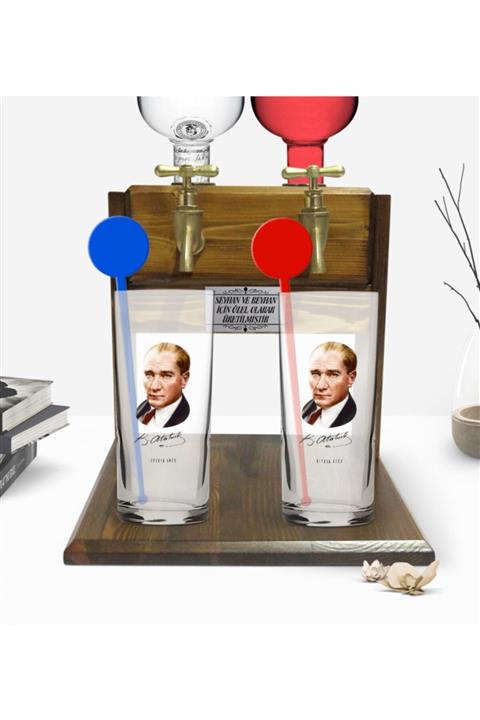 BK Kişiye Özel Renkli Baskılı Atatürk Temalı Ikili Vodka Bardağı Ve Çift Musluklu Doğal Ahşap Vodka Sta