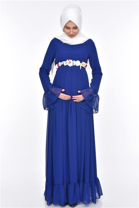 Moda Labio Minel Şifon Tesettür Hamile Elbisesi Saks Mavi