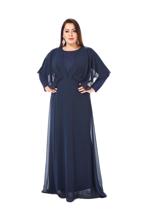 LİLAS XXL Kadın Lacivert Likralı Simli Şifon Elbise