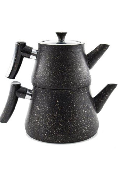 Zümrüt Granit Kaplama Pramit Cam Kapaklı Çaydanlık Siyah