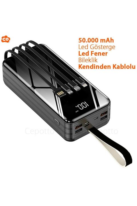 Cepotto 50.000 Mah Led Göstergeli Şık Tasarım Fenerli Kendinden Kablolu Bileklikli 2.1a Powerbank