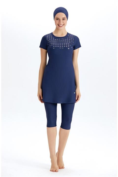 Adasea Yarı Kapalı Tesettür Mayo Kısa Kollu 3202 Koyu Lacivert