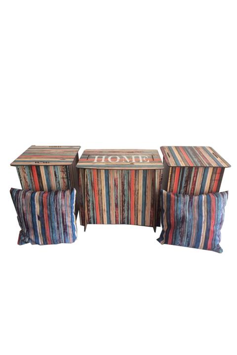 PRATİK DEKOR Dekoratif Puflu Tabure + Sehpa Set Alaçatı