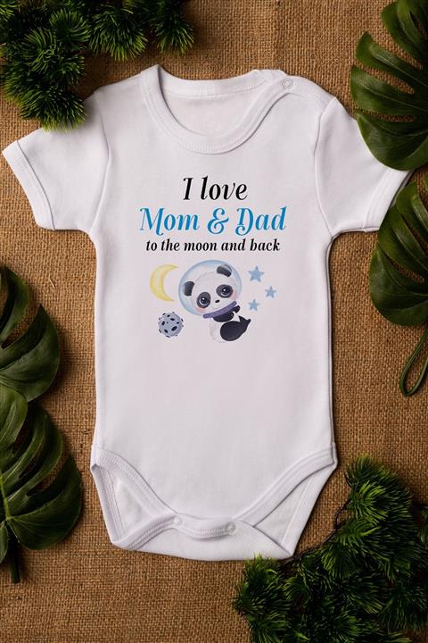 Overoz Unisex Beyaz Bebek I Love Mom & Dad Baskılı Çıtçıtlı Bebek Body Zıbın Bebek Badi 5002