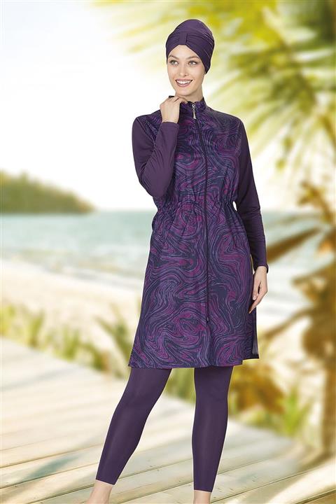 LADYTES Kadın Mor Desenli Tesettür Mayo