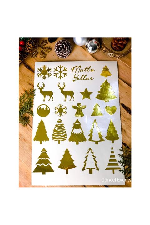 guncelevents Yeniyıl Winter / Kış Temalı Dekoratif Sticker Yapışkanlı Folyo 22’li Model Metalik Gold Transferli