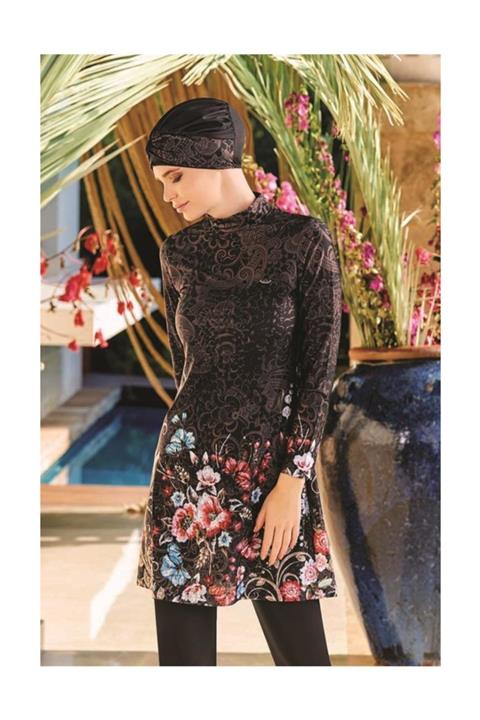 Adasea Kadın Desenli Likralı Tam Kapalı Tesettür Mayo