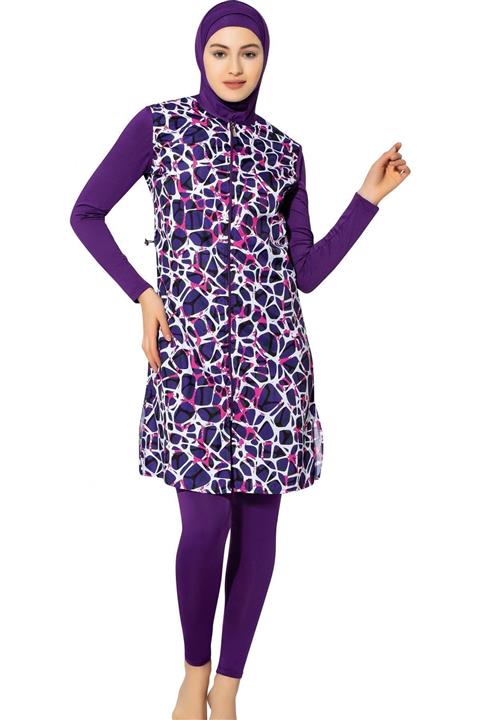 Argisa Uzun Mikro Kollu Pano Desenli Tam Tesettür Mayo 7107 Mor