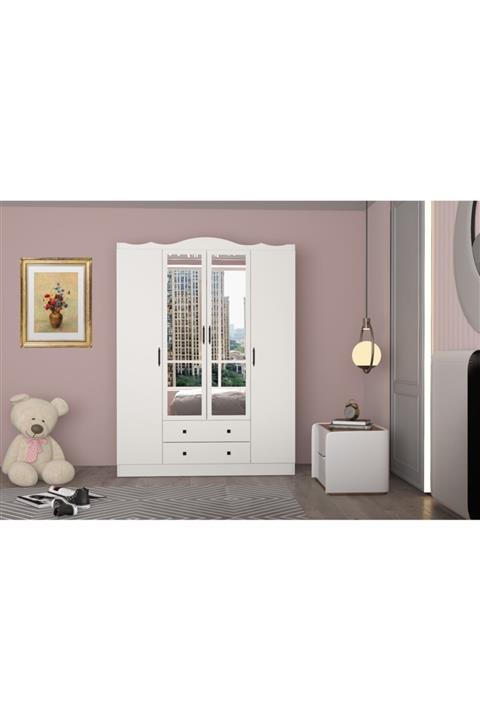 SUNROYAL Lavinia Beyaz 4 Kapak 2 Çekmece Aynalı Gardırop