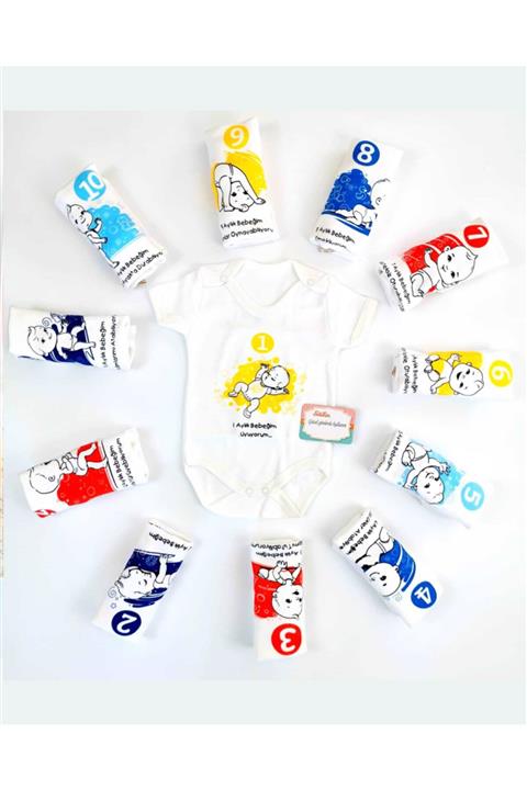 Sitilin Baysi Aylık Badi Set 12 Ay Her Ay Özel Yazılı Baskılı Yarım Kollu Çıtçıtlı Erkek Bady