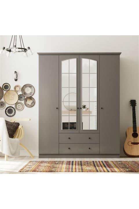 Zenio Rose 4 Kapaklı 2 Çekmeceli Gardırop - Antrasit