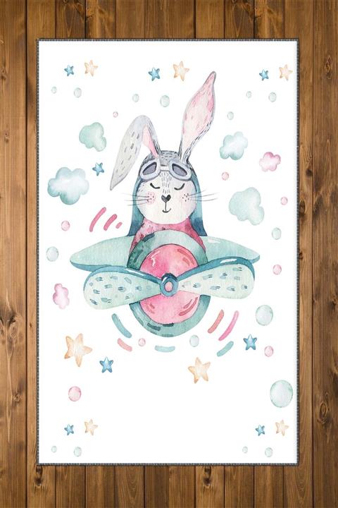 Else Halı Sevimli Uçaklı Tavşan 3d Desenli Bebek Odası Halısı