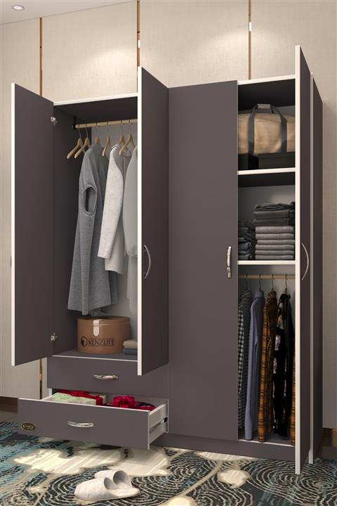 Kenzlife gardırop 4 kapaklı kapılı 2 çekmeceli orkide gri gardolap dolap