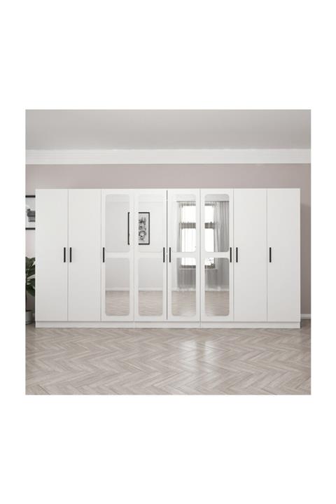 Minar Kale 8 Kapak Aynalı 4 Çekmece Zincir Dolap - Beyaz