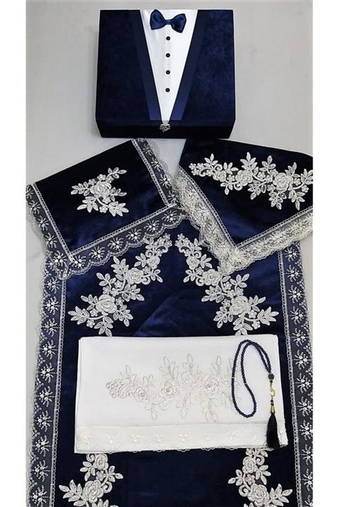 Eylül Lacivert Damat 6 Parça Eko Sandıklı Seccade Takımı Kadife Bohça Seti