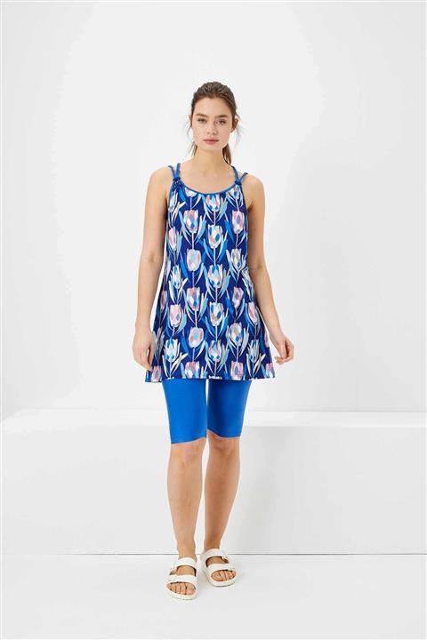 Lalezar Nehar Lale Desenli Örgü Ince Askılı Mavi Havuz Mayo