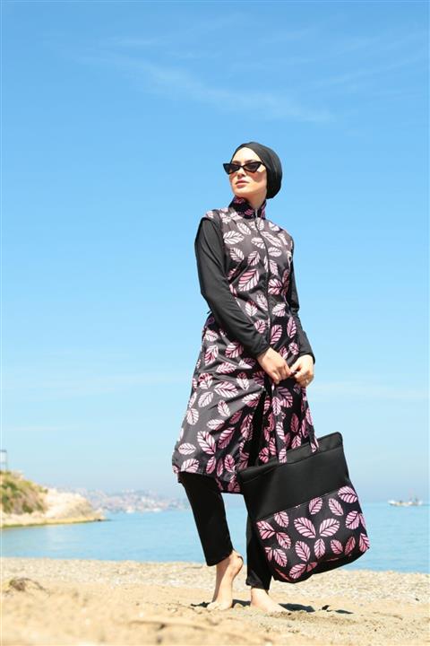 Hmm tekstil Kadın Siyah Tam Tesettür Mayo Yaprak Desenler