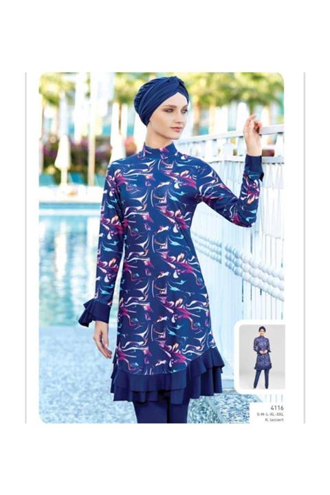 Adasea 4116 Dijital Desen Firfirli 2019 Yeni Sezon Tesettür Mayo