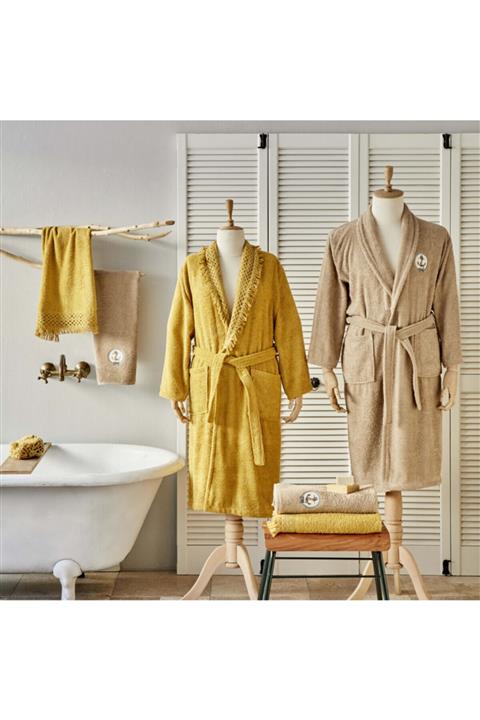 Karaca Home Romy Dantelli 6 Parça Hardal-bej Aile Banyo Seti