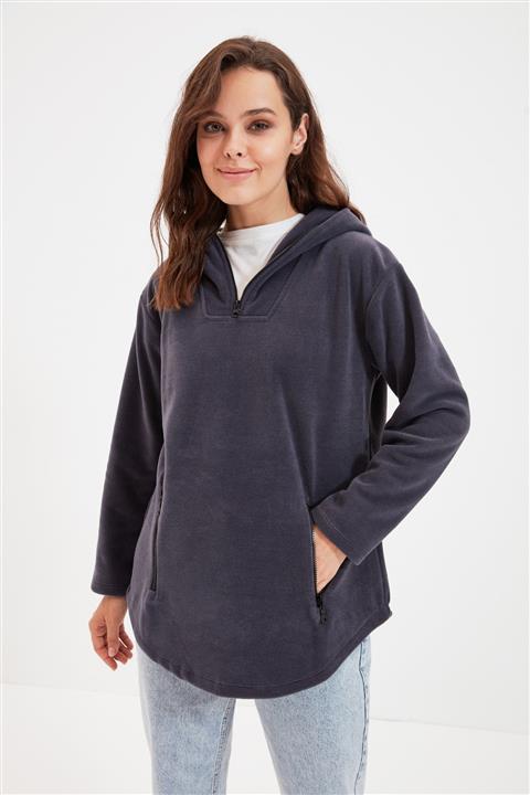 Trendyol Modest Antrasit Polar Kapüşonlu Örme Sweatshirt